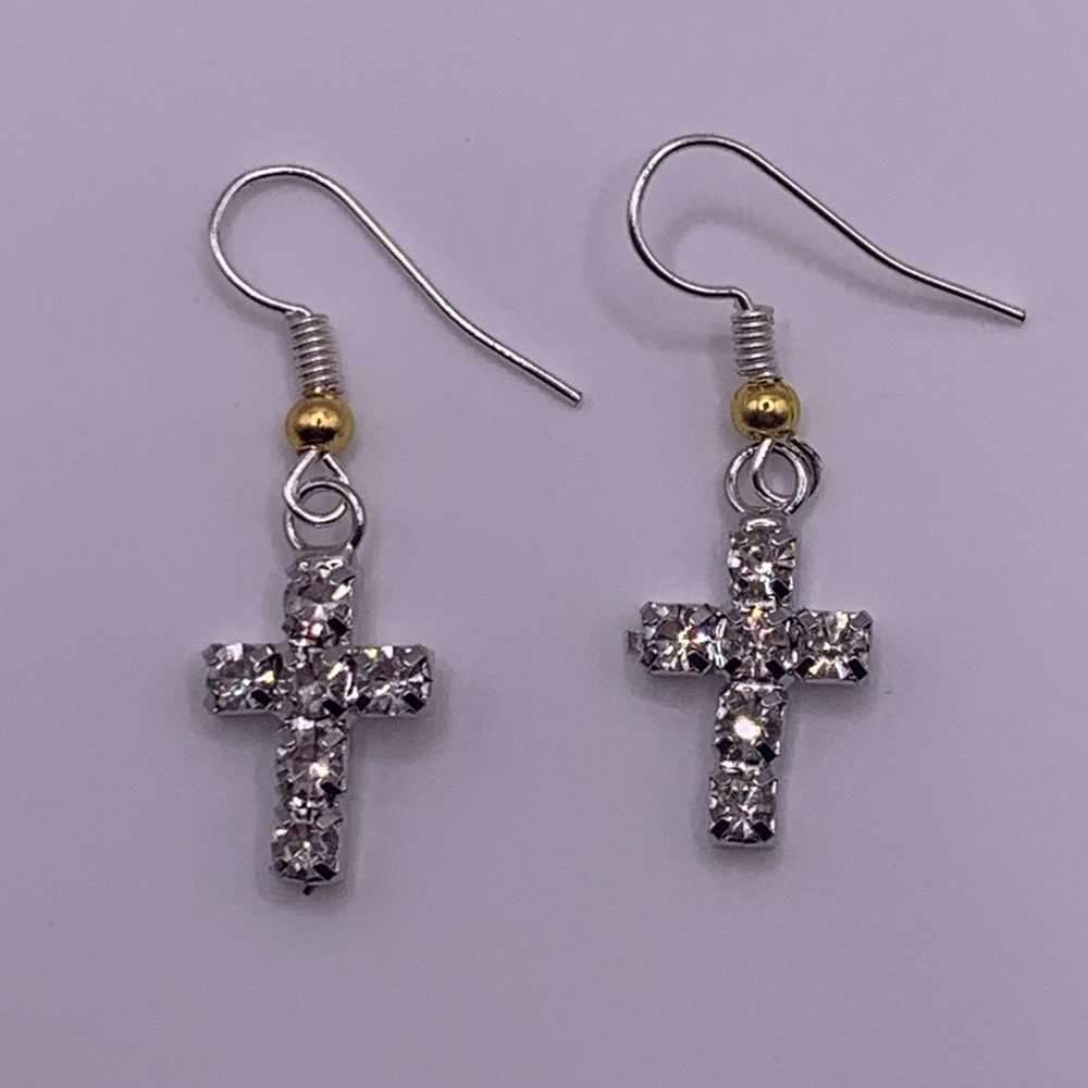 Silver Rhinestone Cross Earrings